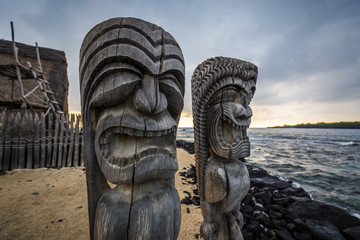 Wooden statures at Puuhonua o Honaunau, the City of Refuge, Big Island, Hawaii.