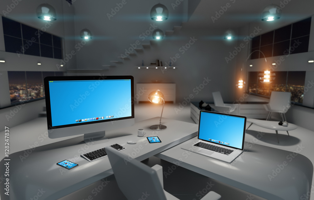 Poster modern dark desk office interior with computer and devices 3d re