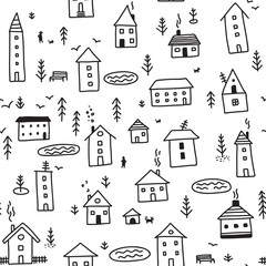 winter houses seamless pattern white