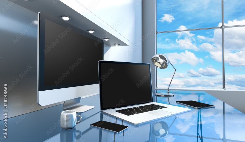 Poster modern glass desk interior with computer and devices 3d renderin