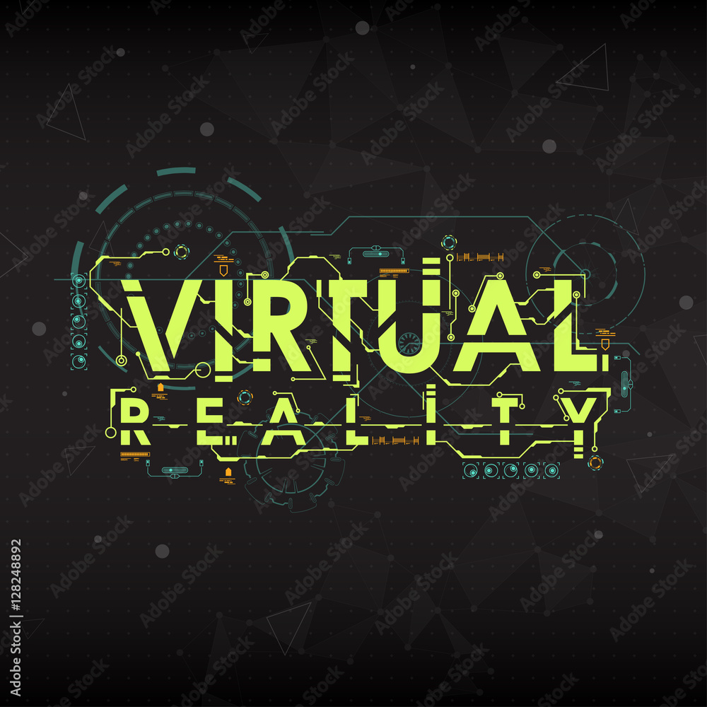 Poster virtual reality. conceptual layout for print and web. lettering with futuristic user interface eleme
