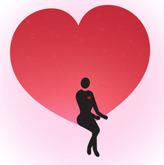 Woman waiting for true love in their own hearts  red, white background.