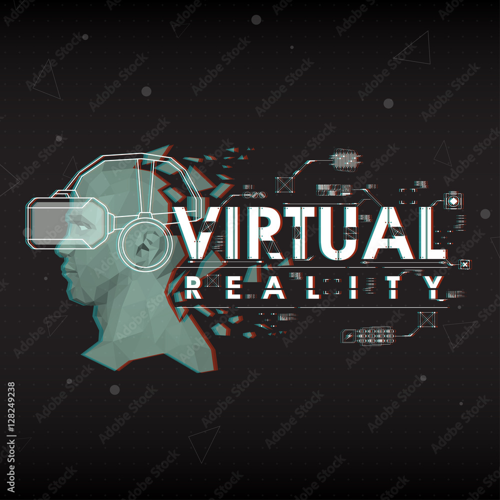 Poster virtual reality. conceptual layout for print and web. lettering with futuristic user interface eleme