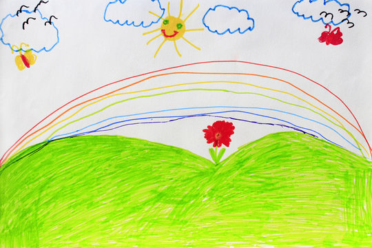 Childish drawing of flowers and rainbow