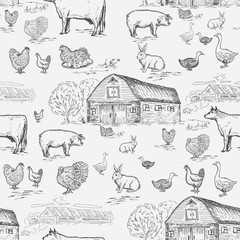 Farm animals seamless pattern, cows, geese, chickens, pigs