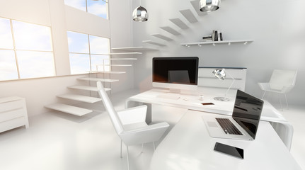 Fototapeta na wymiar Modern white office interior with computer and devices 3D render