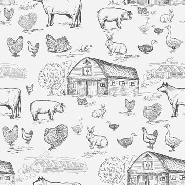 Farm animals seamless pattern, cows, geese, chickens, pigs