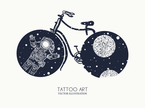 Bicycle tattoo art. Travel, adventure, outdoors, meditation