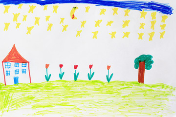 Childish drawing of funny house flowers and tree