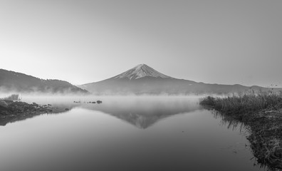 Mount fuji at Lake kawaguchiko, twilight, black and white