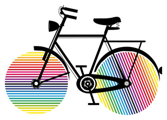 Ein Fahrrad mit gestreiften Regenbogen Räder
