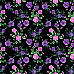 Floral seamless pattern ,pink, lilac flowers black background .For printing on fabric and paper.