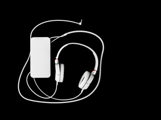3d illustration of top view of headphones and phone on black background