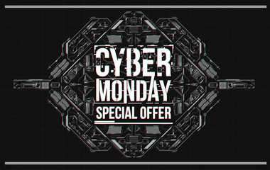 Cyber monday background with futuristic user interface. Sale concept with HUD elements.