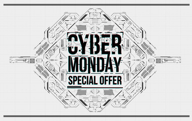 Cyber monday background with futuristic user interface. Sale concept with HUD elements.