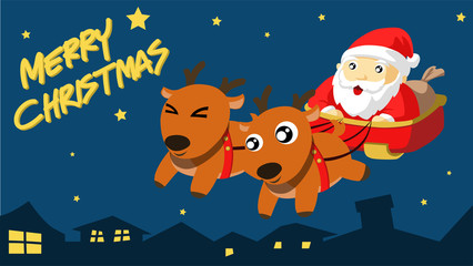 santa claus riding his sleigh vector cartoon. include layer santa,reindeer,text,BG