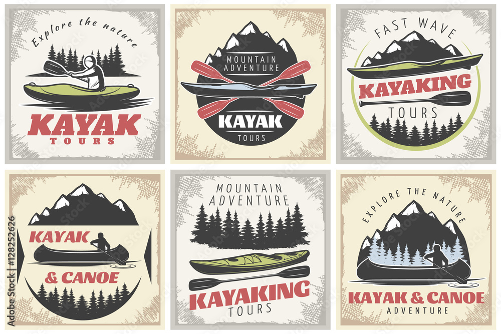 Sticker Kayaking Tours Posters Set