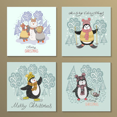 Cute hand drawn penguins set