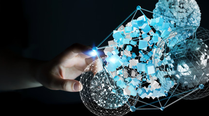 Businesswoman touching flying abstract sphere with shiny cube 3D