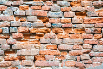 Section of an old red brick wall with its texture