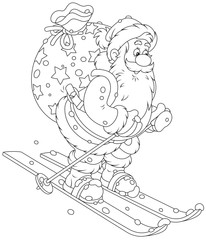 Santa Claus skiing down the snow hill with his big bag of Christmas presents