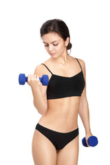 fitness woman lifting blue dumbbells