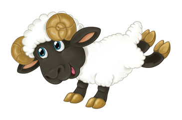 Cartoon happy horned sheep is jumping running looking and smiling - artistic style - isolated - illustration for children