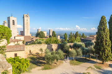San Gimignano, Italy. The courtyard of the Montestaffoli fortress and the ancient tower 