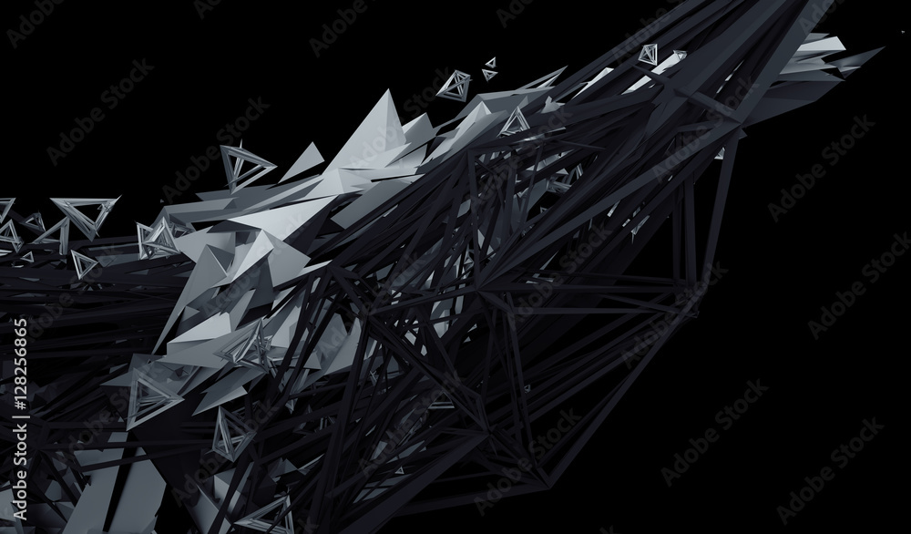 Poster Abstract 3d rendering of chaotic plexus surface. Contemporary background with futuristic polygonal shape. Distorted low poly object with sharp lines.
