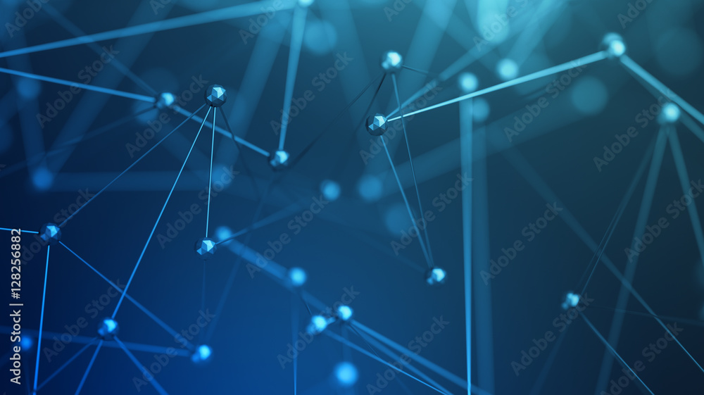 Poster abstract 3d rendering of chaotic structure. plexus background with lines and polygonal spheres in em