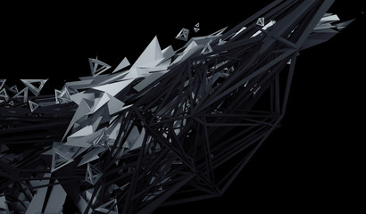 Abstract 3d rendering of chaotic plexus surface. Contemporary background with futuristic polygonal shape. Distorted low poly object with sharp lines.