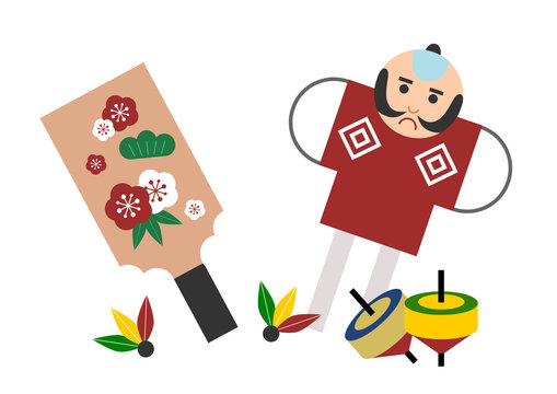 日本のお正月遊びのイラスト: 羽子板・凧・コマ