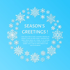 Cute snowflake poster, banner. Season greetings. Flat snow icons, snowfall. Nice snowflakes for christmas banner, cards. New year snowflake. Merry Christmas wreath