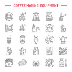 Vector line icons of coffee making equipment. Elements - moka pot, french press, coffee grinder, espresso, vending, coffee plant. Linear restaurant, shop pictogram with editable stroke for coffee menu