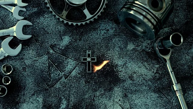 4k composition of car parts. Mechanic art