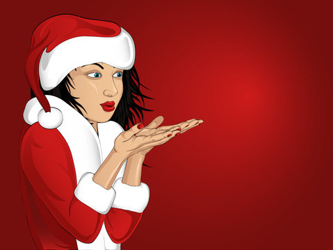 Beautiful woman in Santa Claus clothes blowing out of his hands. Vector. 