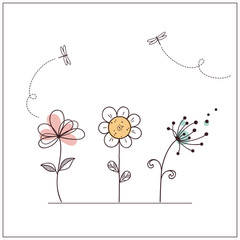 Hand drawn doodle flowers set with dragonflies