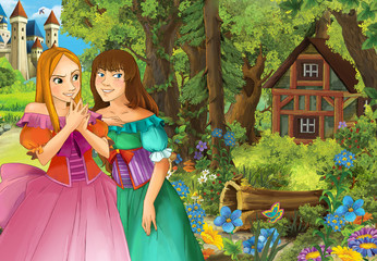 Cartoon scene with cute royal charming girls near the wood with wooden house - illustration for children