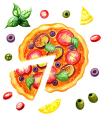 pizza, italian food, watercolor design element, poster, menu