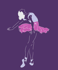 Ballerina line art pose | beautiful dancer illustration | abstract performer movement | white on purple background