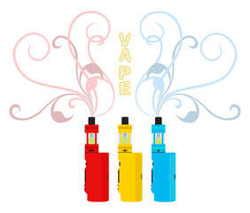 Bright vape devices set. Vaping liquid, smoke inhaler. Flat styl