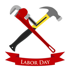Happy Labor day illustration. Set of pipe wrench, hammer.