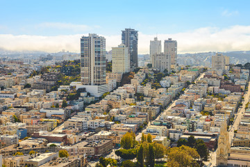 Aerial view of San Francisco downtown skyline from the top of Coit Tower, California, United States. © bennymarty