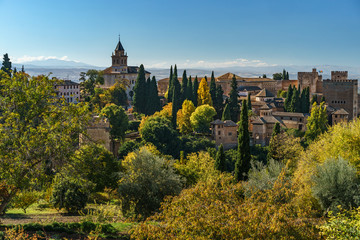 Fototapeta na wymiar Panoramic Alhambra gardens in autumn colors