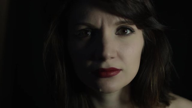 4k shoot of a model crying and acting on black background