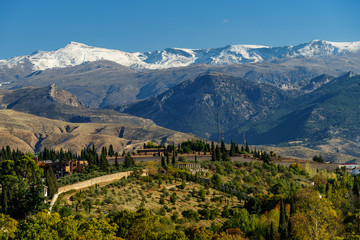 Mediterranean landscape and snowy mountains in the background 