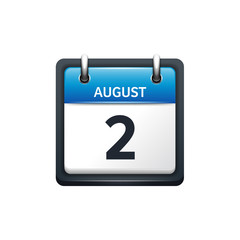 August 2. Calendar icon.Vector illustration,flat style.Month and date.Sunday,Monday,Tuesday,Wednesday,Thursday,Friday,Saturday.Week,weekend,red letter day. 2017,2018 year.Holidays.