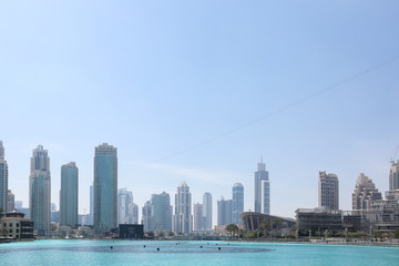 skyline of dubai seen from the front of the dubai mall