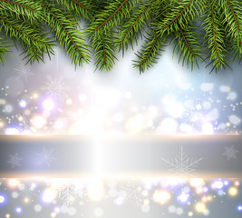 Fototapeta na wymiar Christmas background, pine tree with lights and snow