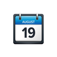 August 19. Calendar icon.Vector illustration,flat style.Month and date.Sunday,Monday,Tuesday,Wednesday,Thursday,Friday,Saturday.Week,weekend,red letter day. 2017,2018 year.Holidays.